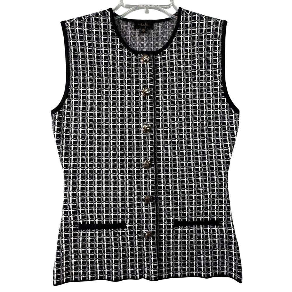 OnTwelfth Grid Knit Button Front Top Dark Academia Preppy Office S Black‎ White